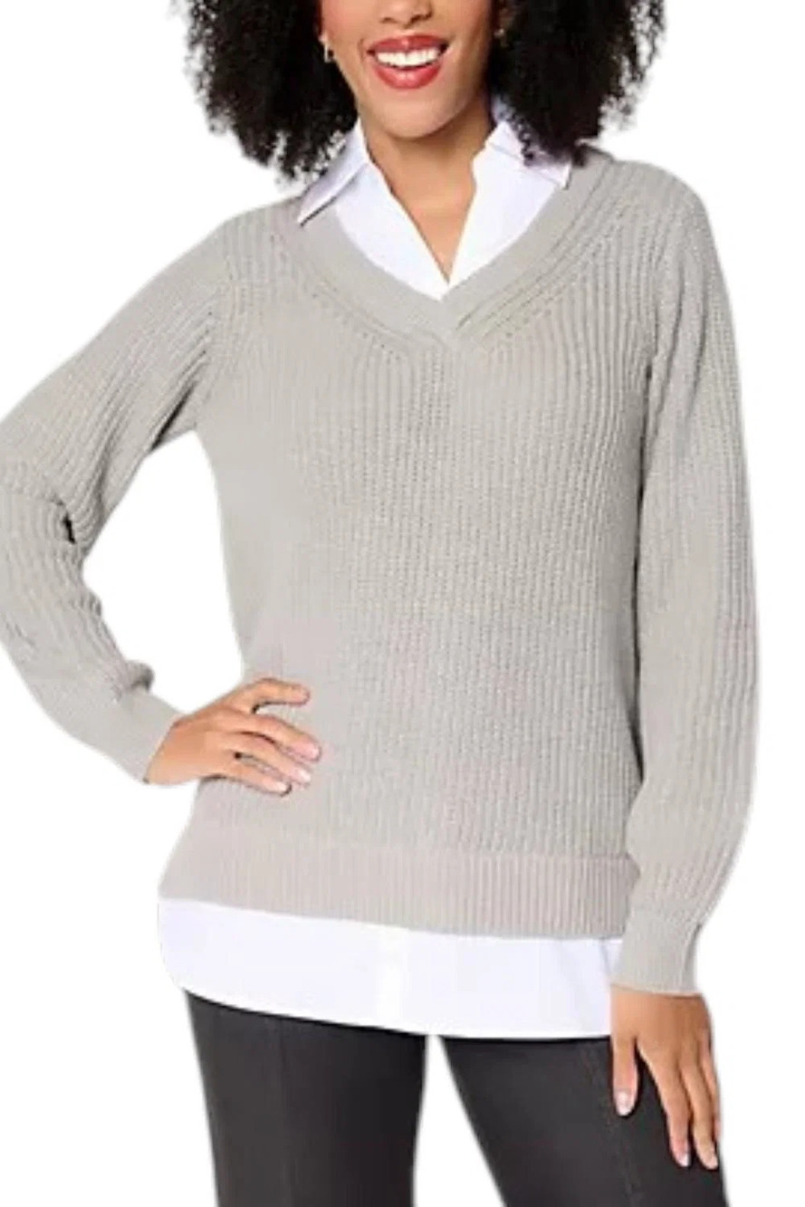 Belle Women's Shaker Knit Pullover w/ Blouse Inset Heather Gray - Regular